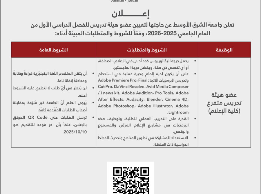 اعلان شواغر – عضو هيئة تدريس اعلان شواغر – عضو هيئة تدريس