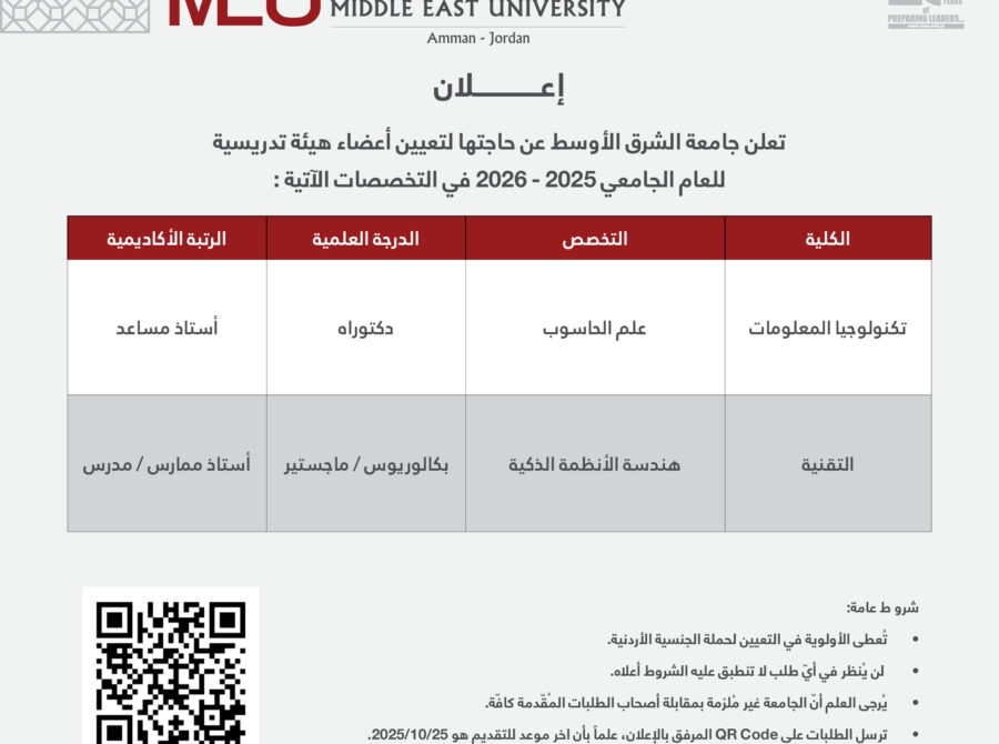 اعلان شواغر – وظائف اكاديمي 2025 06 10 اعلان شواغر – وظائف اكاديمي 2025 06 10